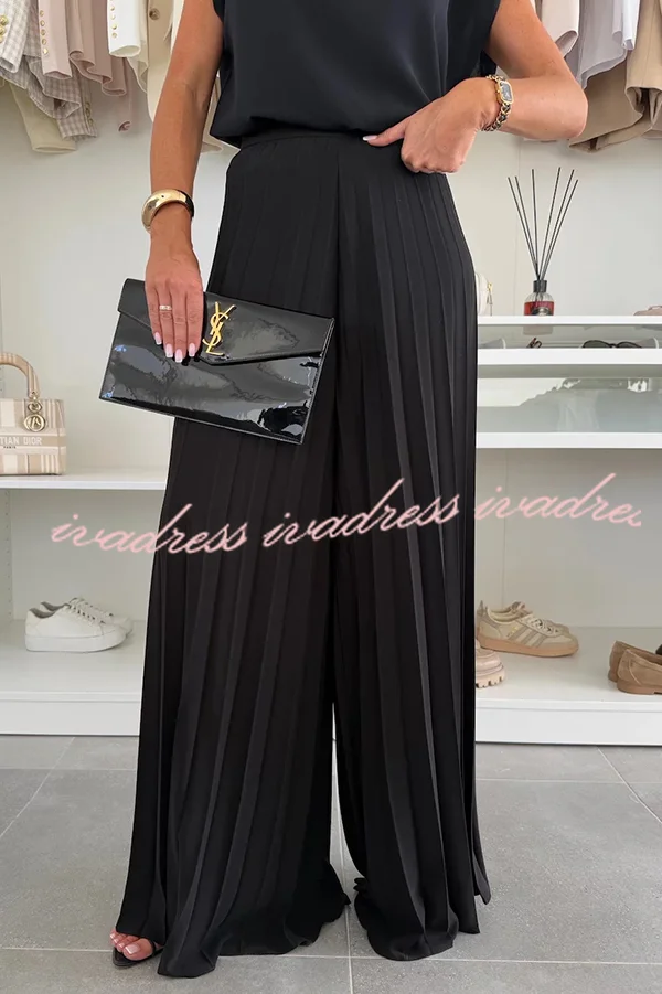 Fashionable Round Neck Shoulder Pads Top and Elastic Waist Pleated Wide-leg Pants Set