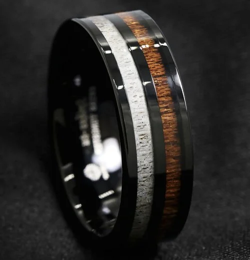 6MM 8MM Women's Or Men's Tungsten Carbide Wedding Matching Rings Black with Deer Antler and Brown Koa Wood Inlay Comfort Fit