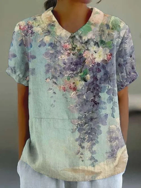Women's 2024 Summer Retro Floral Print Cute Crew Neck Casual T-Shirt Top Boho Tee
