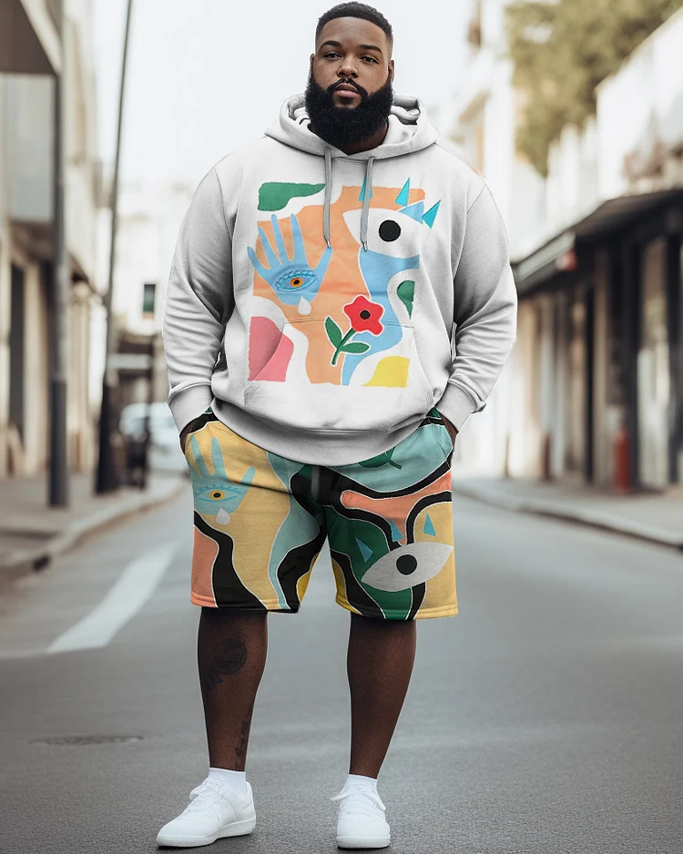 Men's Plus Size Hip Hop Abstract Color Graphic Hoodie Shorts Two Piece Set