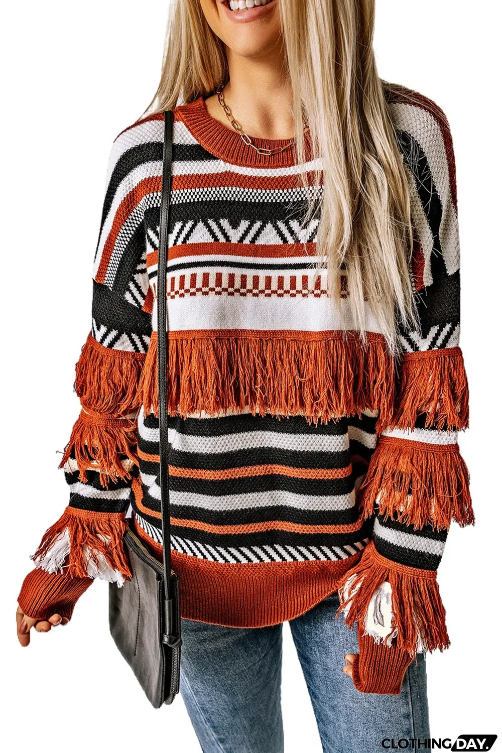 Multicolor Round Neck Striped Sweater with Fringe