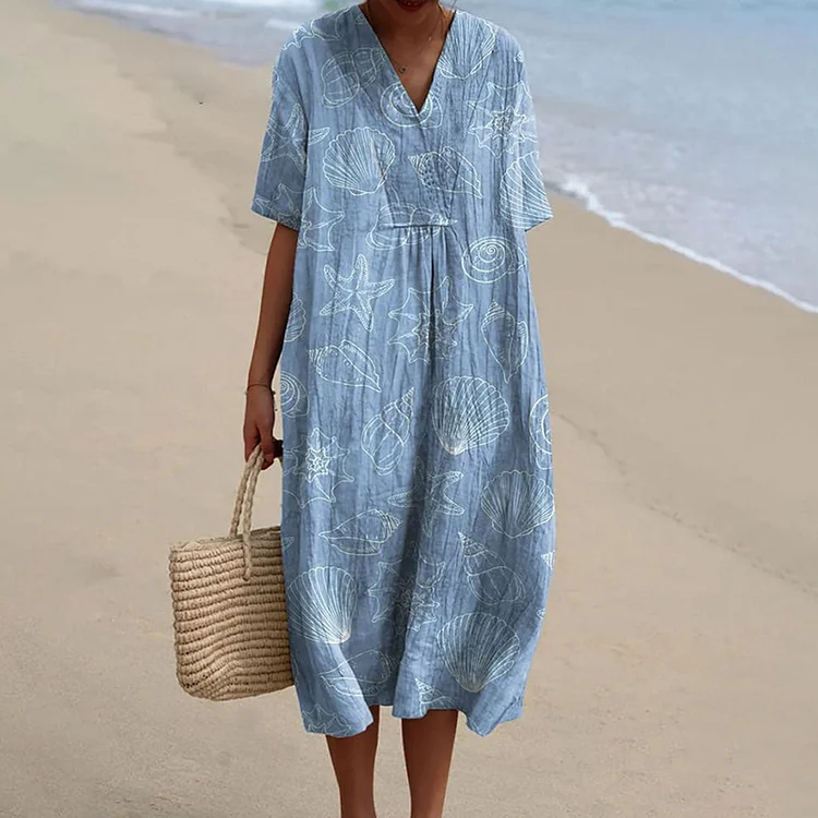 VChics Summer Sea Shell Pattern Printed Women's Flowy Dress