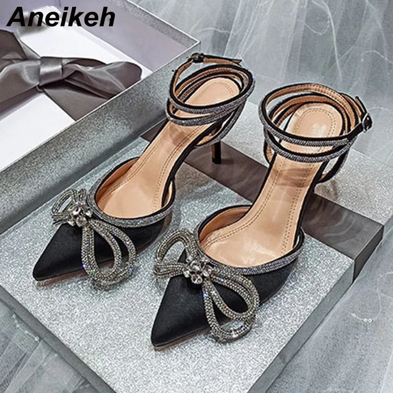 Aneikeh Spring/Autumn 2022 Women's Shoes Fashion Butterfly-Knot Narrow Band Bling Patchwork Cross-Tied Crystal Pointed Toe Pumps