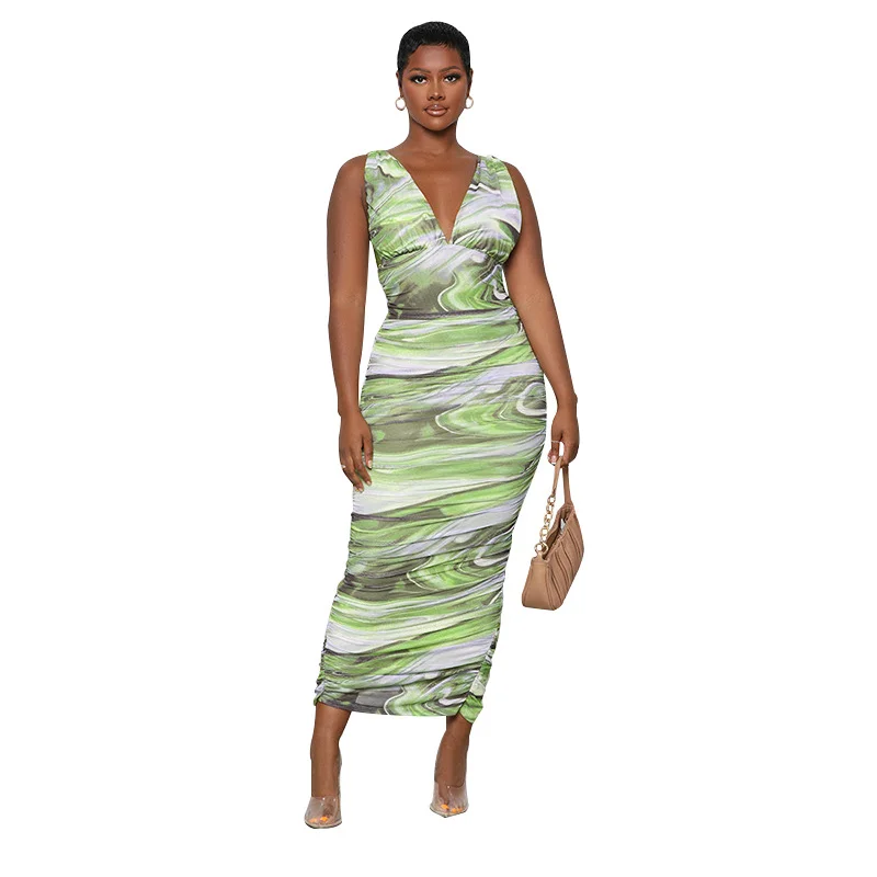 V-Neck Backless Sleeveless Tree Print Fashion Casual Dress