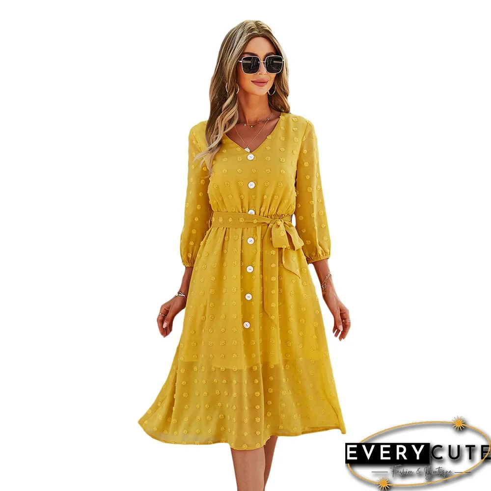Yellow 1/2 Sleeve Button Down V Neck Casual Dress