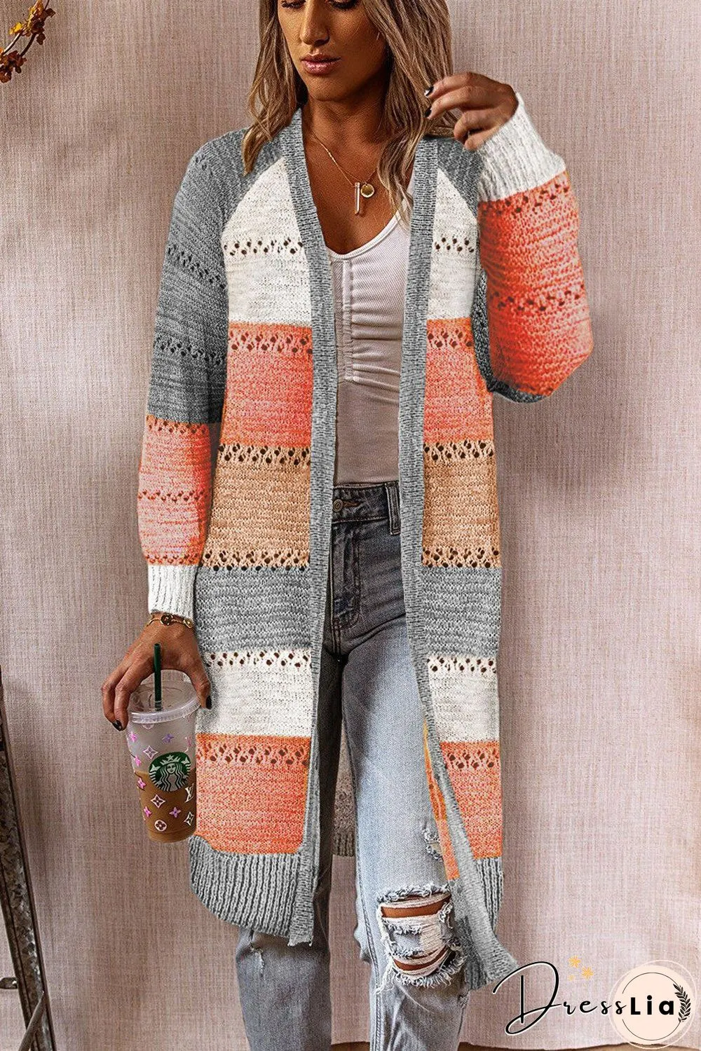 Color Block Hollow Sweater Cardigan