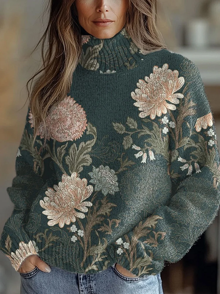 Vintage Floral Art Print Knit Turtleneck Pullover Sweater