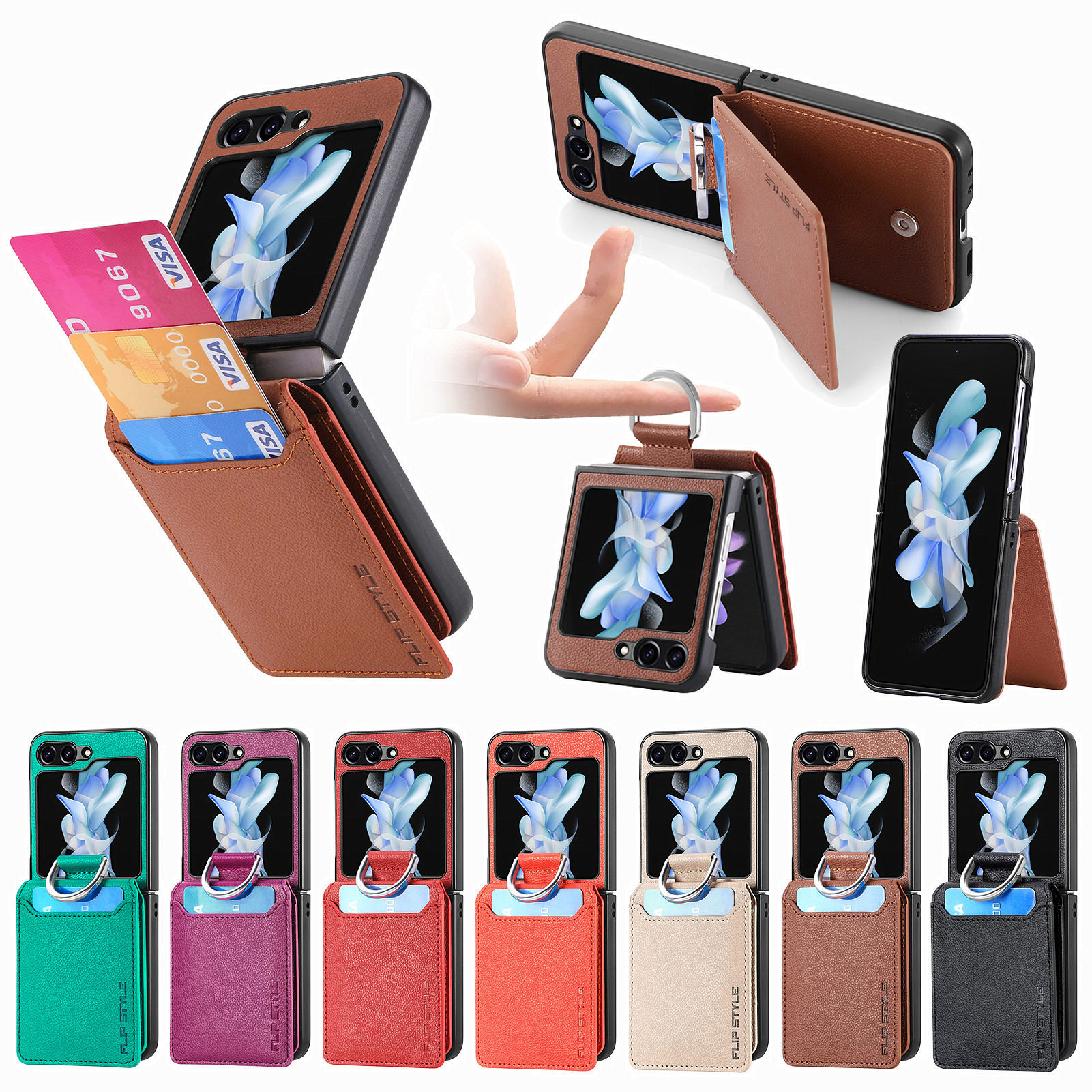 📱📱For Samsung ZFlip5/4/3 Lychee Dermatoglyph Ring Wallet Case