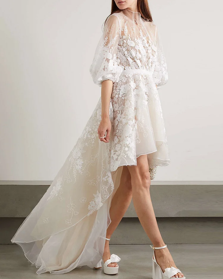 Asymmetric embroidered tulle dress