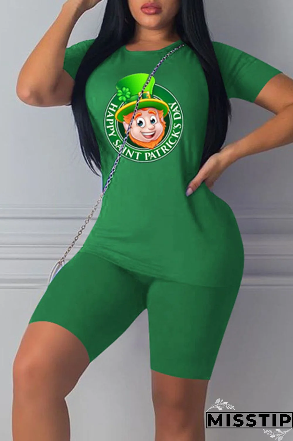 Black Casual Print Patchwork O Neck Short Sleeve Two Pieces