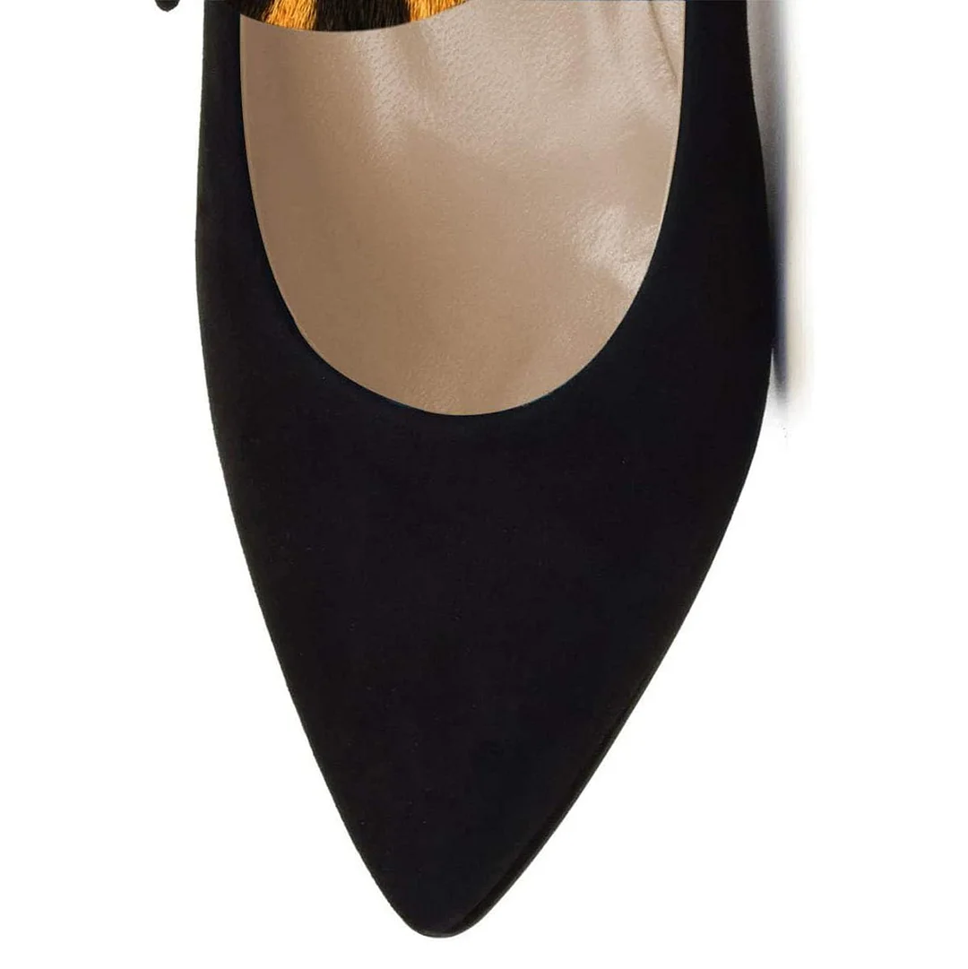 Faux Suede Pointed Toe Buckle Leopard Strap Heel Pumps in Black