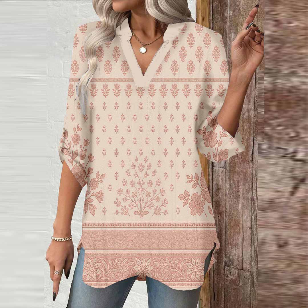 Women Geometric,Pink DZGA0295 3/4 Sleeve V-neck Printed Graphic Button Tops