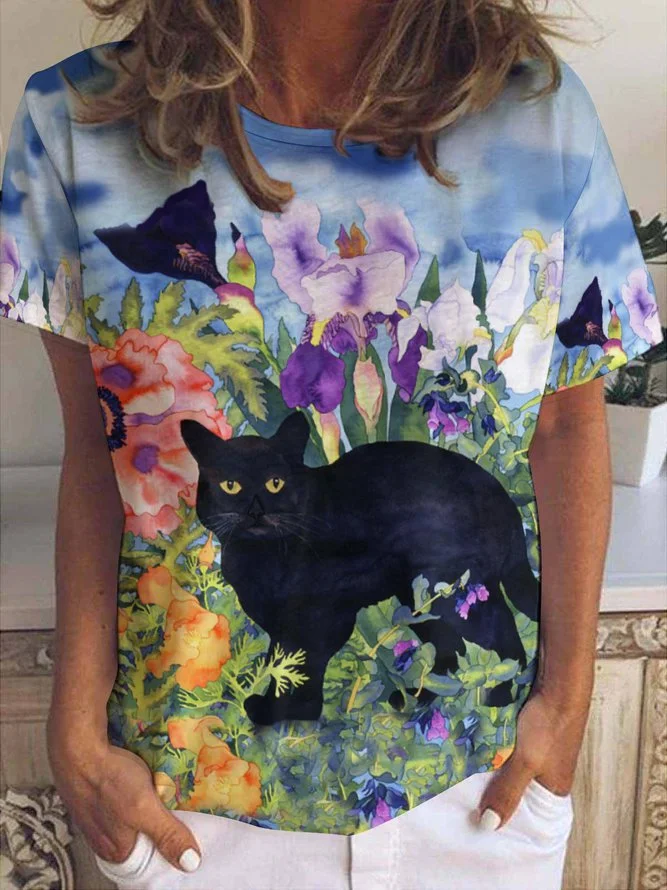 Casual Floral Cat Print Crew Neck Short Sleeve T-Shirt