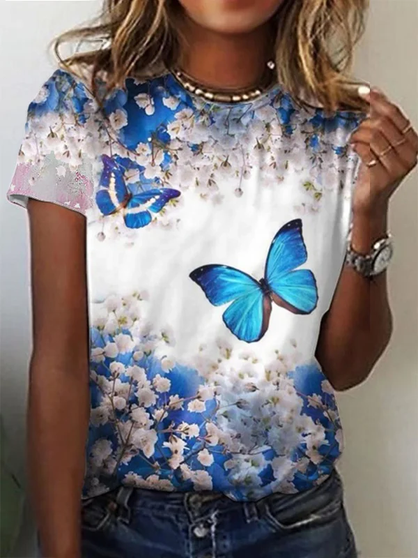 Blue Butterfly Art Printed T-Shirt