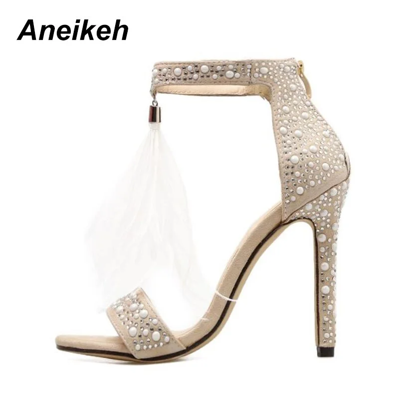 Aneikeh Sexy Women Sandals Pumps Summer Rhinestone Fringe Zipper Feather High Heel Apricot Women Wedding Pumps Shoes Size 35-40