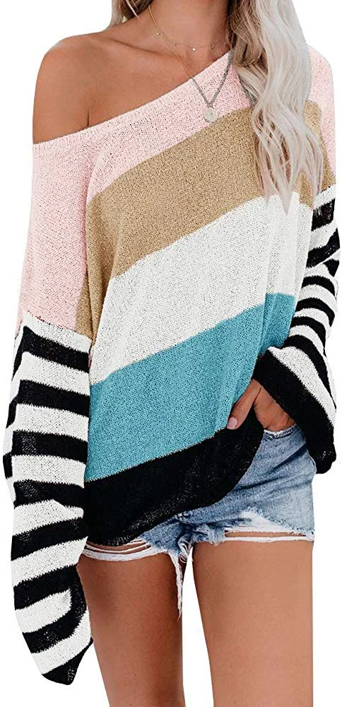 Womens Oversized Pullover Sweater Colorblock Rainbow Striped Casual Long Sleeve Loose Knitted Shirts Tops
