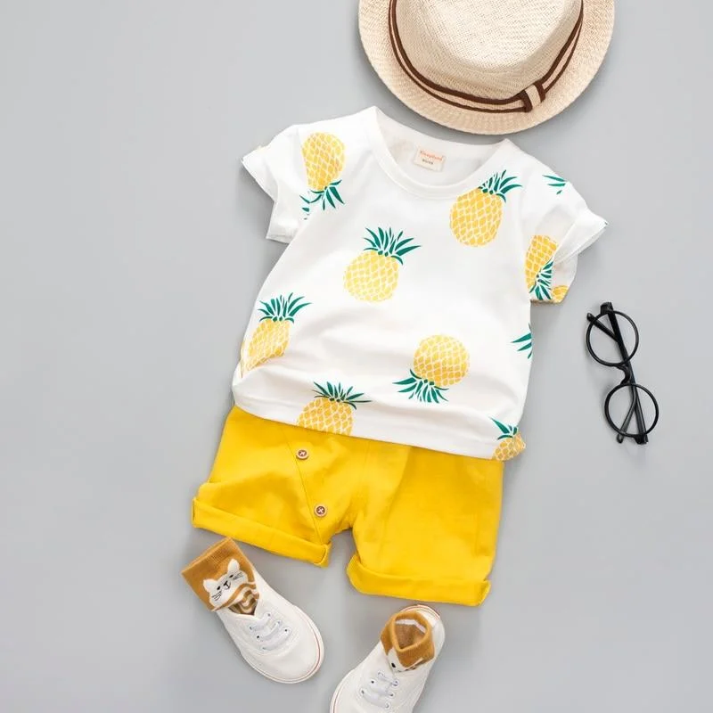 Baby Boys Girls Summer Clothes Fashion Cotton T-shirt Infant Printed Pineapple Suit for Children Top + Shorts Casual Outfits
