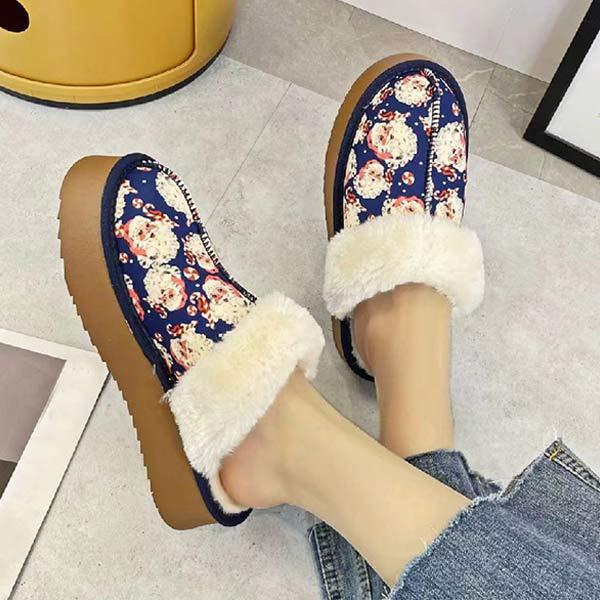 Women's Thick-Soled Furry Slippers with Fleece Christmas Print Cotton Shoes