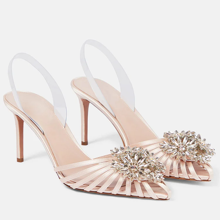 Light Pink Satin Cut Out Slingback Pumps Crystal Floral Prom Heels |FSJ Shoes