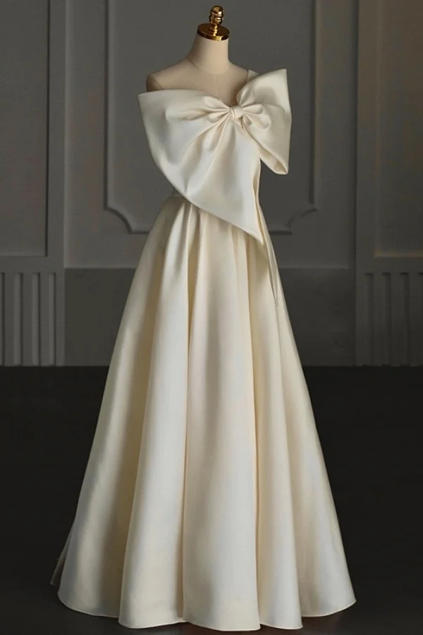  Elegant Asymmetric Cream-Colored Sleeveless Satin Prom Dress YK0004