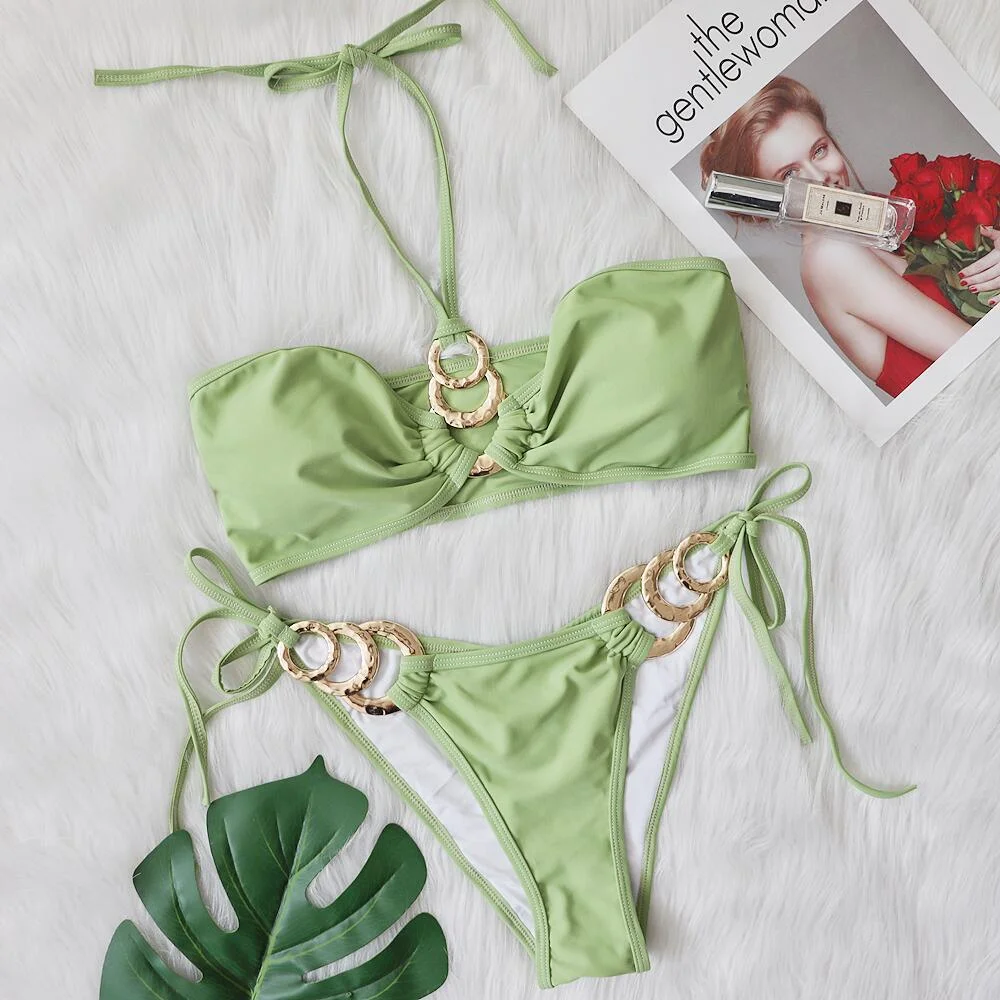 Uveng Uveng New Sexy Swimsuit Metal Accessories Hollow Bikini Solid Color Chest Strap Women's Swimsuit