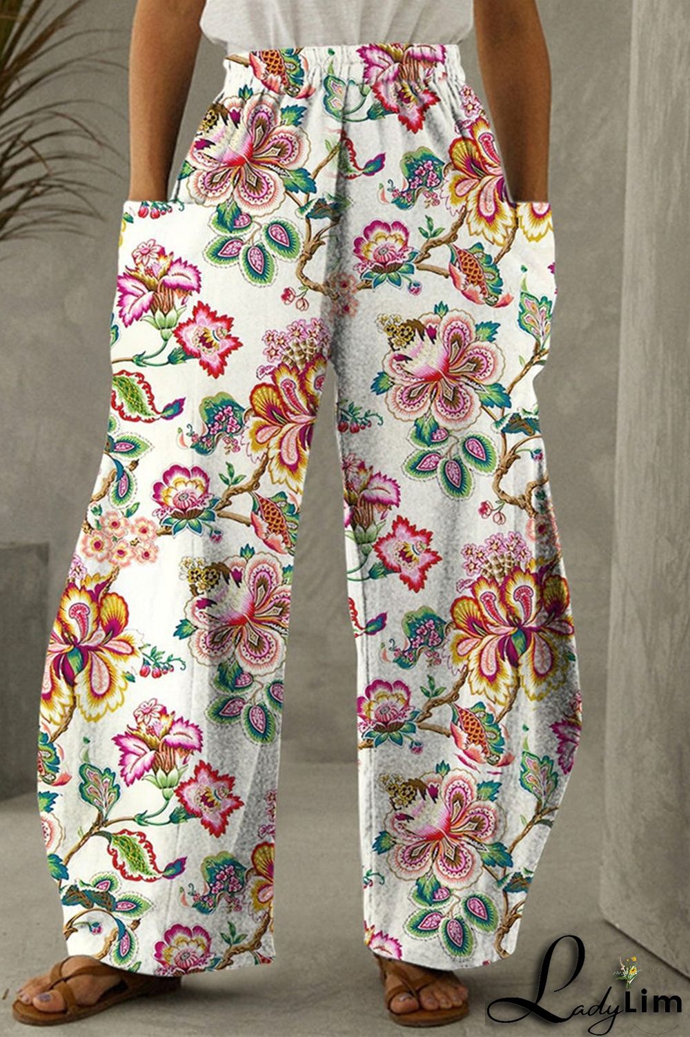 Blue White Fashion Casual Print Split Joint Pocket Regular High Waist Trousers