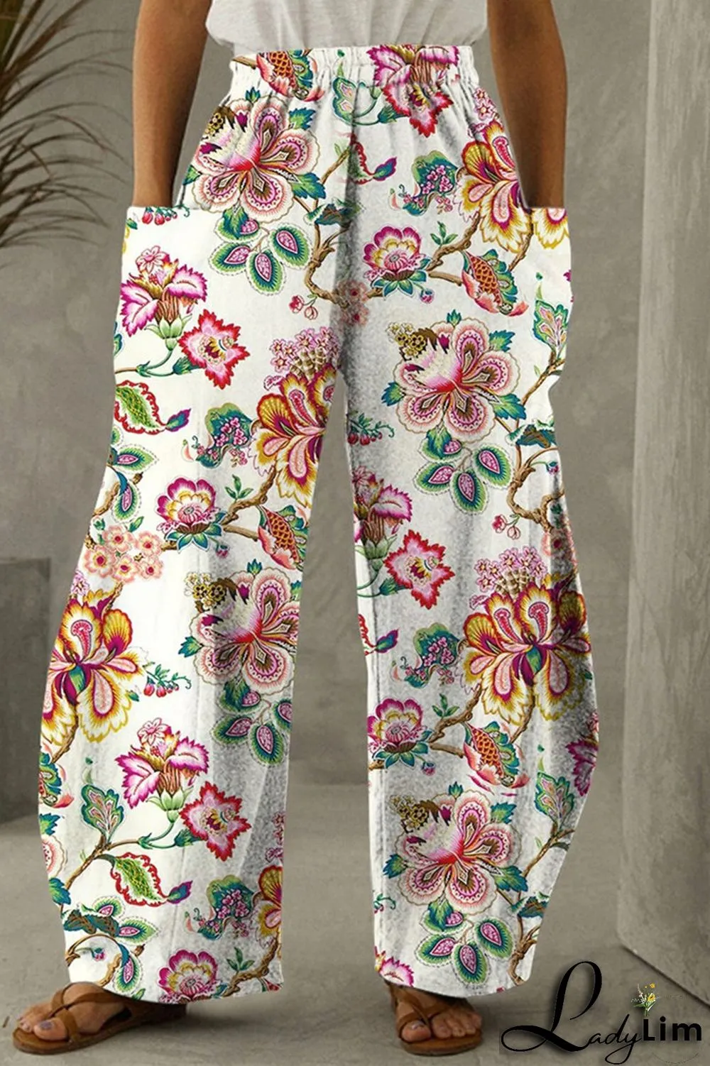 Blue White Fashion Casual Print Split Joint Pocket Regular High Waist Trousers