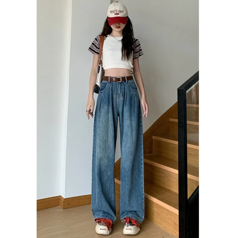 Light blue jeans women fashion Y2K style high waist American wide leg pants streetwear female pants autumn straight trousers