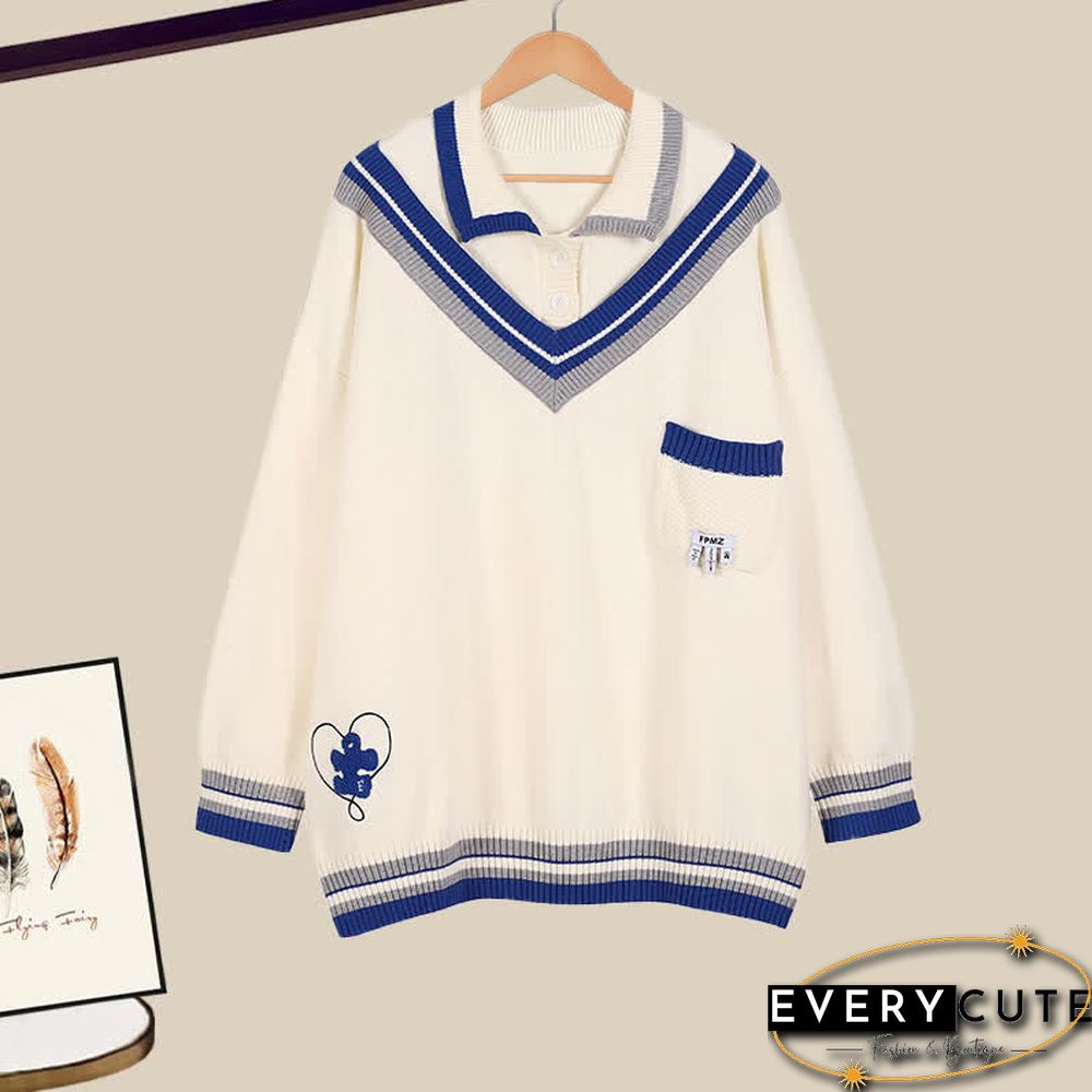 Colorblock Polo Knit Sweater Denim Pants Two Pieces Set