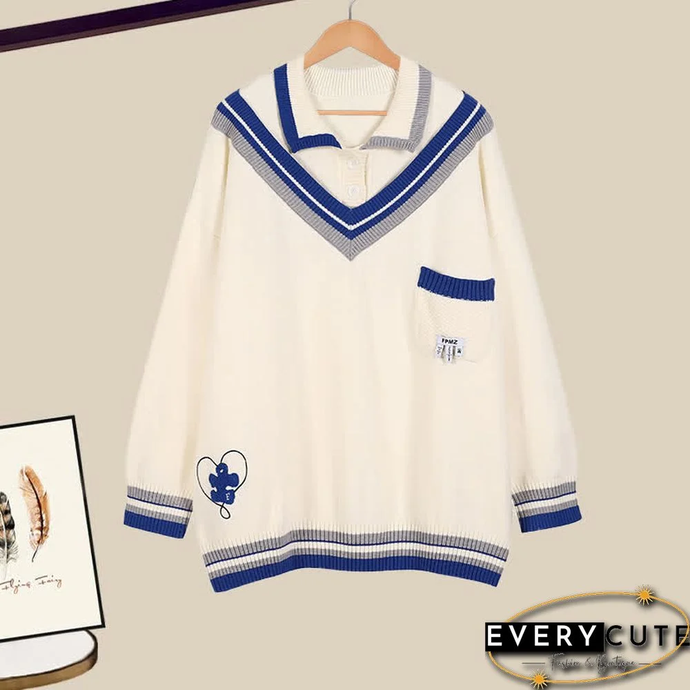 Colorblock Polo Knit Sweater Denim Pants Two Pieces Set