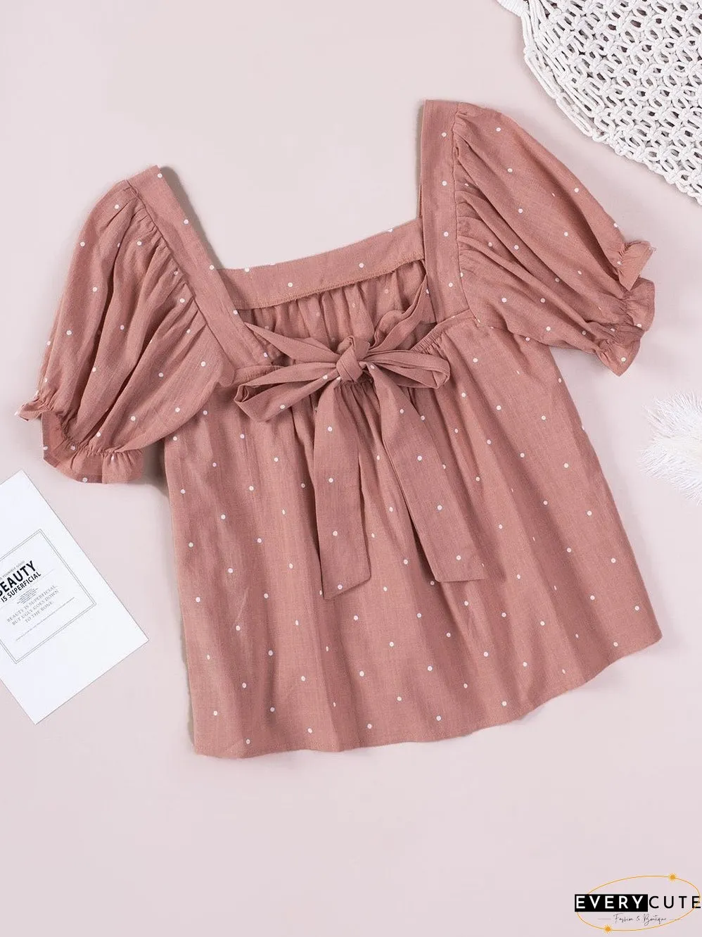 Pink Polka Dot Square Neck Puff Sleeve Blouse with Tie Back