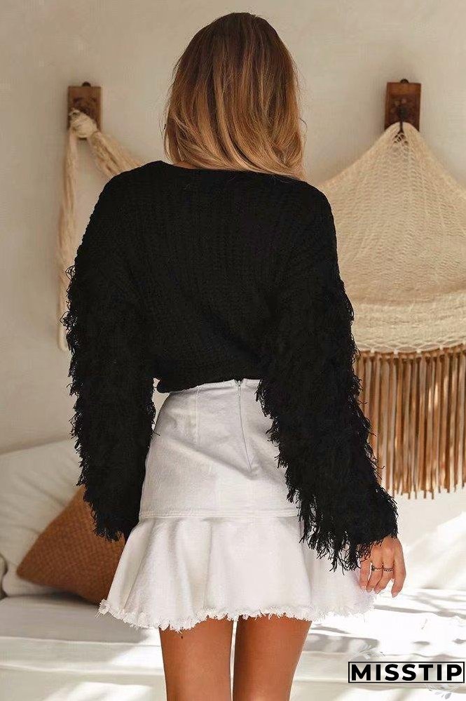 Solid Color Round Neck Long Sleeve Tassel Sweater