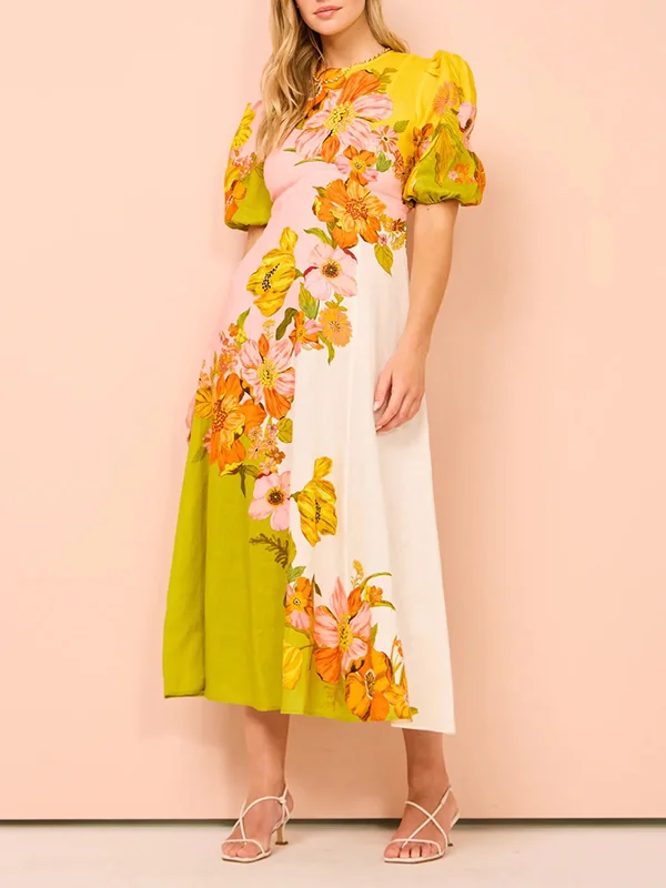 Puff Sleeves Short Sleeves Flower Print Round-Neck Maxi Dresse