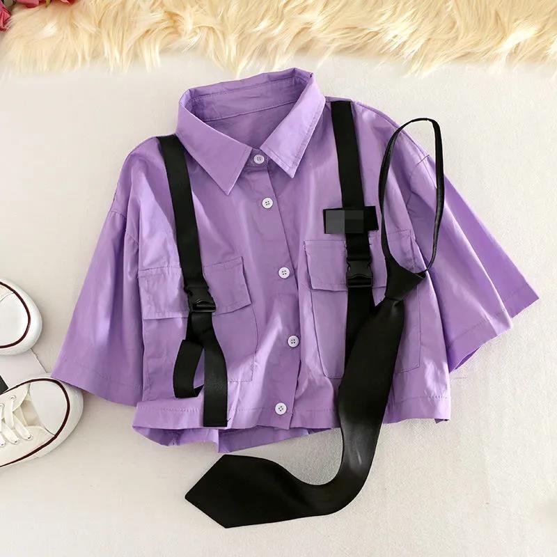 2021 Autumn Streetwear Pants High-Waist Straight Ribbon Cargo Pants Student Loose Short-Sleeved Shirt with Tie two-piece Set