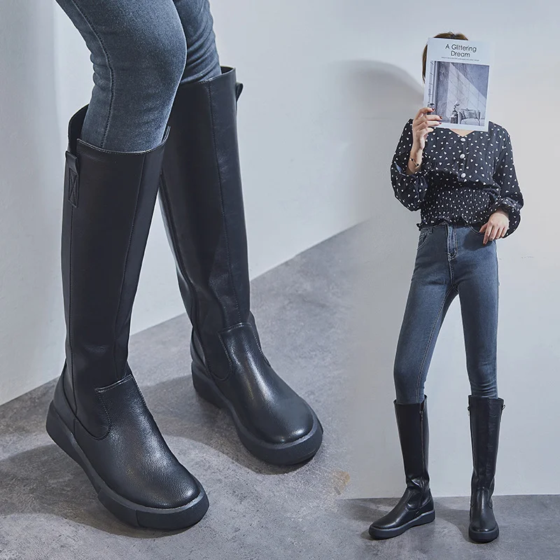 Wongn Wongn And Winter High Tube Tide Boots Women British Wind Flat Boots Middle Boots Versatile Single Boots Long Tube Knight Leather Boots Martin Boots