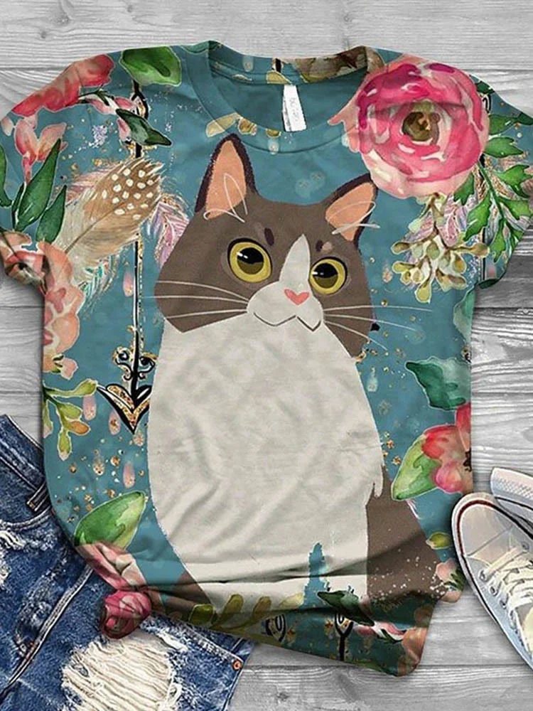 Women's Casual Cute Cat Print T-shirt