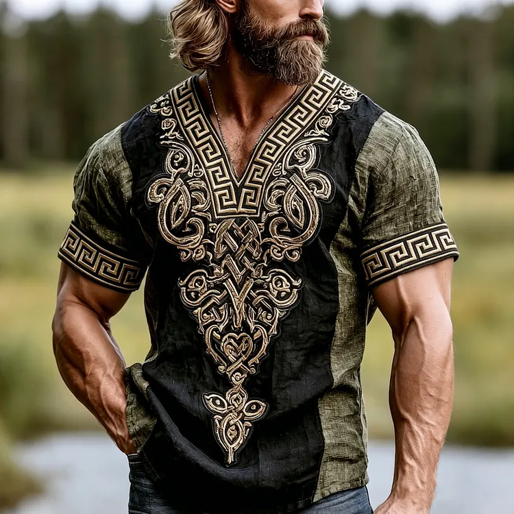 Men's Retro Viking Life Of Tree Pattern Casual V Neck Cotton And Linen Tops
