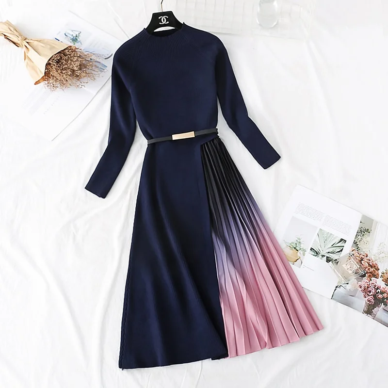 Wongn Winter Elegant Knitted Patchwork Gradient Print Pleated Dress Women Long Sleeve Office One-Piece Sweater Dress With Belt