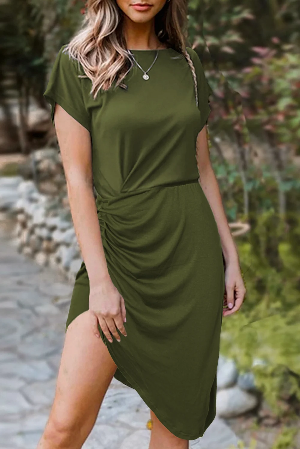 Green Side Shirring Short Sleeve Mini Dress | IFYHOME