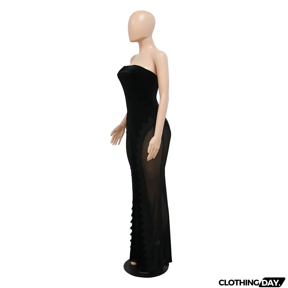 Velvet Strapless Sexy Patchwork Lace Bodycon Long Dress