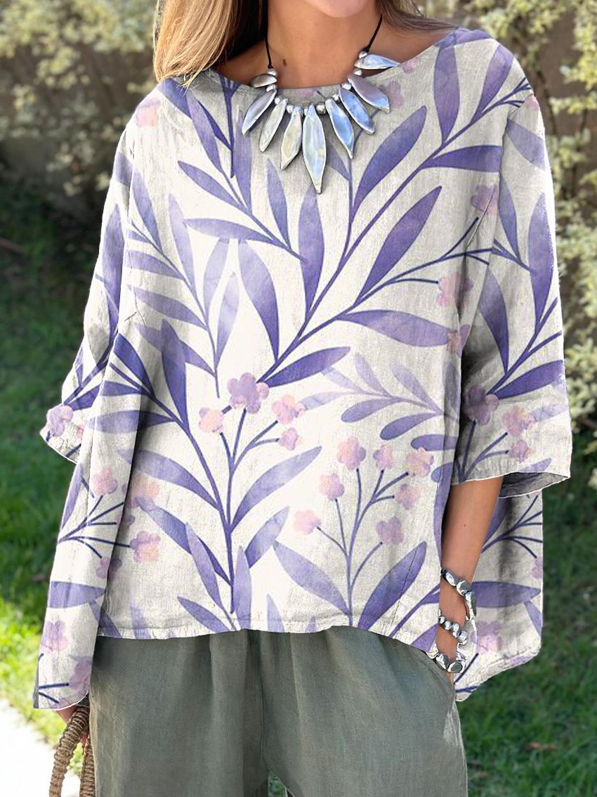 Pink Purple Flowers Print Women's Print Casual Cotton And Linen Shirt