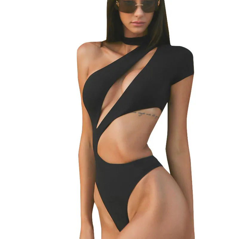 Uveng Uveng Women's Summer New Solid Color Sexy Single Sleeve Hollow Out Slim Basic Jumpsuit 2024