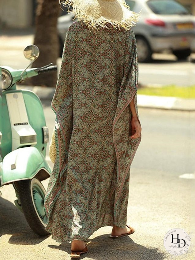Boho Dress Cover Up Beach Wear Long Dress Maxi Dress Dolman Print Ethnic Casual Floral V Neck 3/4 Length Sleeve Loose Fit Outdoor Daily Green Summer Spring One Size for Women