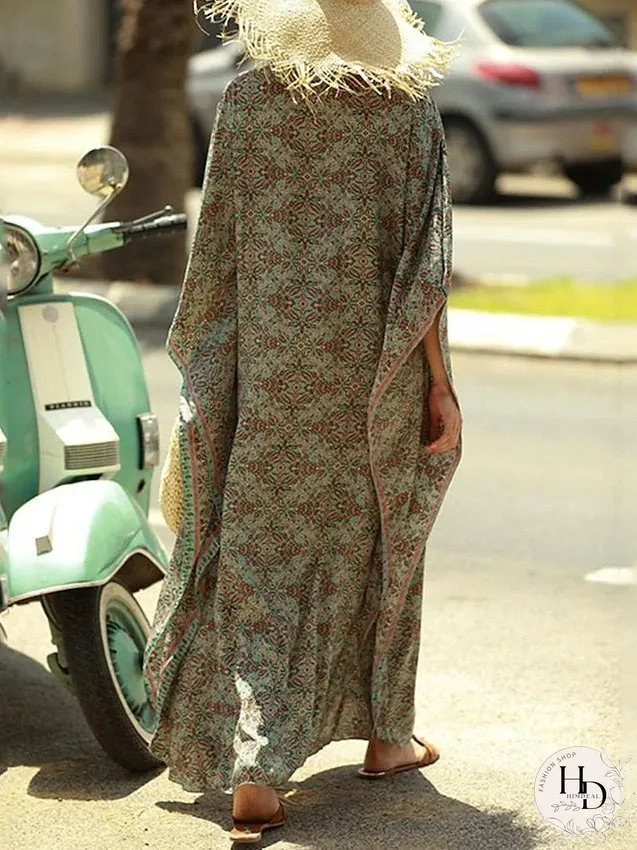 Boho Dress Cover Up Beach Wear Long Dress Maxi Dress Dolman Print Ethnic Casual Floral V Neck 3/4 Length Sleeve Loose Fit Outdoor Daily Green Summer Spring One Size for Women