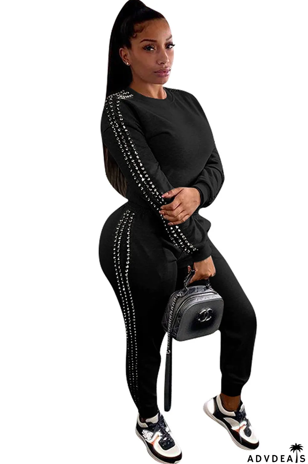 Black Casual Beading Solid Two Piece Suits Patchwork pencil Long Sleeve Two-piece Pants Set