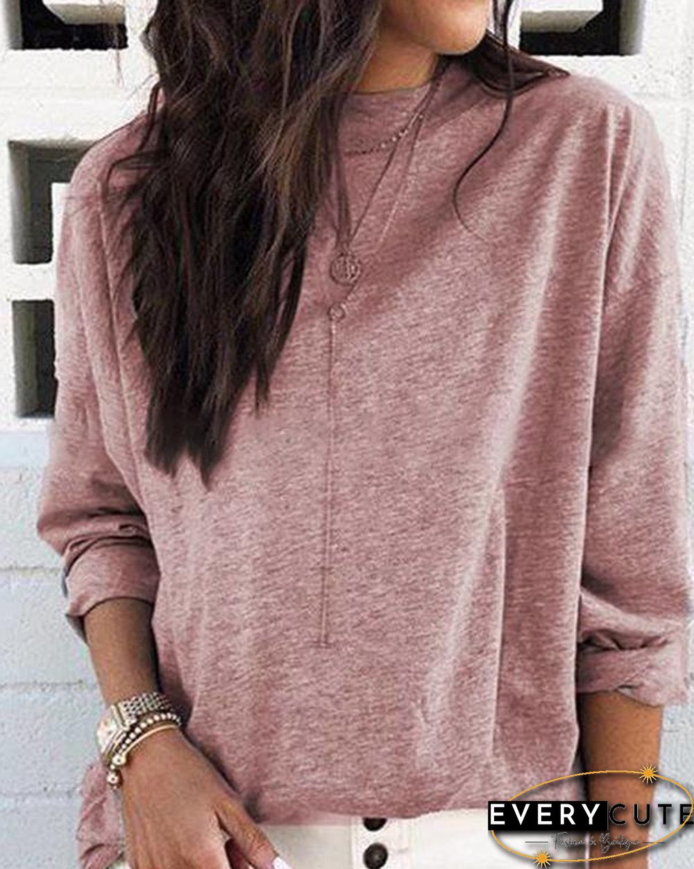 CREW NECK LONG SLEEVE PLAIN COTTON SHIRTS & TOPS