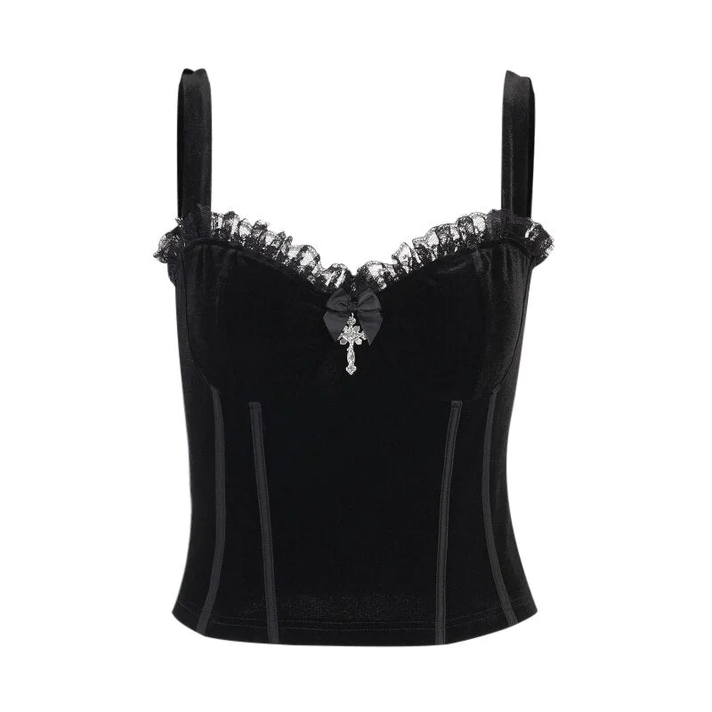 InsGoth Vintage Lace Trim Black Camis Gothic Cross Sexy Backless Corset Tops Goth Aesthetic Velvet Bow Zipper Basic Crop Tops
