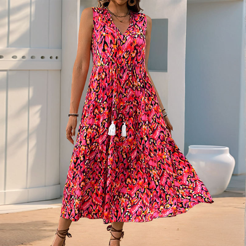 Summer Sleeveless Bohemian Print Dress Fashionable Print Casual Seaside Vacation Style Long Women's Sleeveless Dress