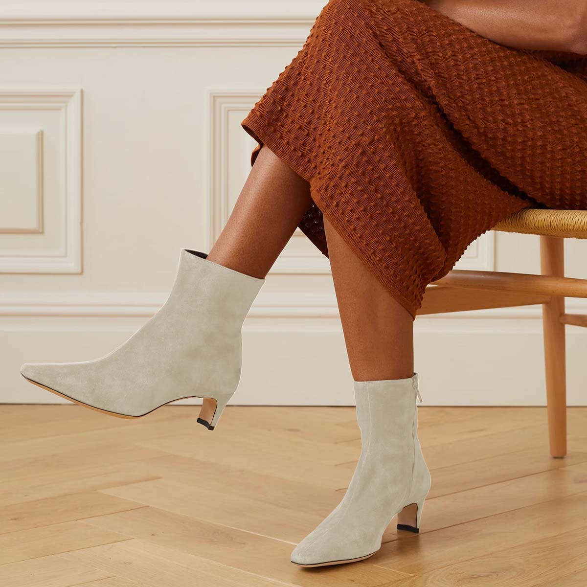 Ivory Square Toe Block Heel Ankle Boots for Women with Side Zipper Nicepairs