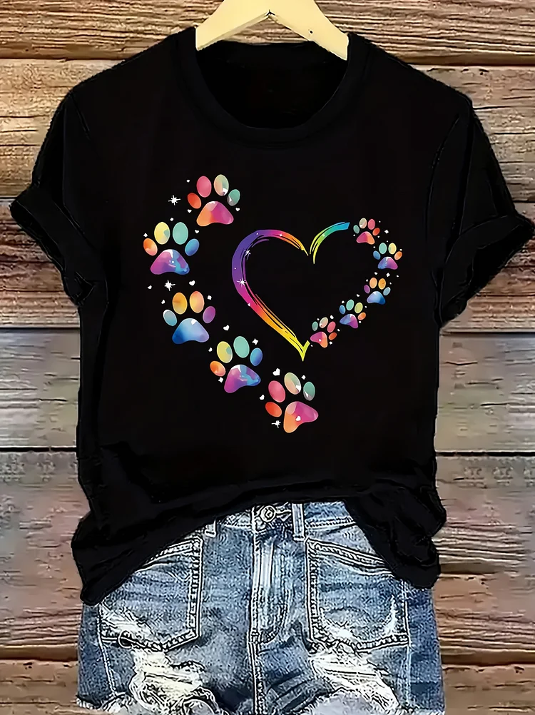 Women's Casual Black T-Shirt With Colorful Cat Paw And Heart Print, Short Sleeve Crew Neck Top, Machine Washable, Ideal For Spring & Summer